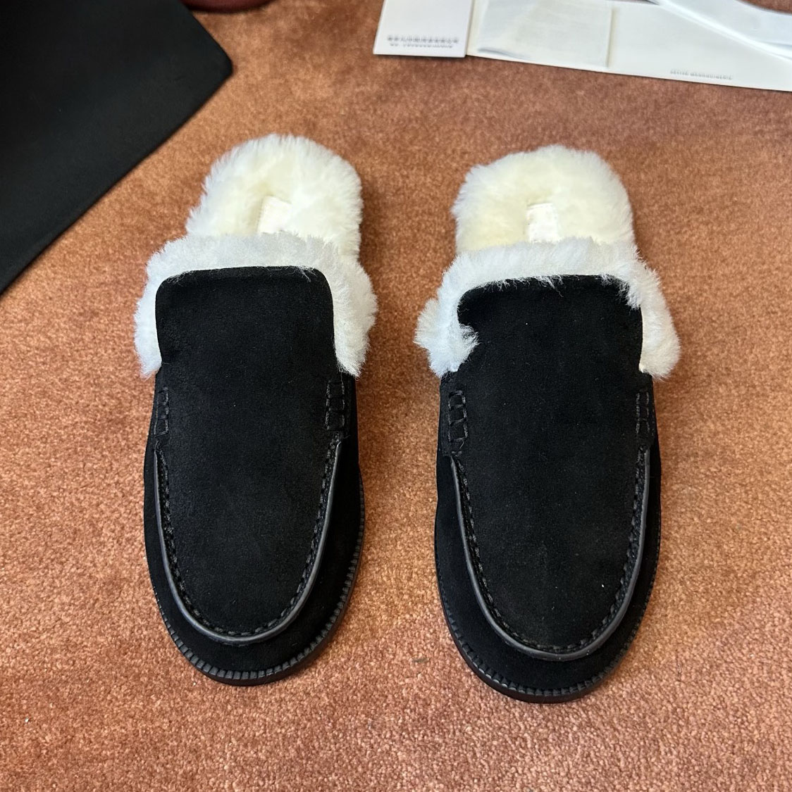 Ladies Backless Fur Trim Loafer Mules, Camel Suede Slide Shoes, Soft Sheepskin Lining, Italian Leather Sole, Trendy Warm Shoes for Autumn Winter Cas