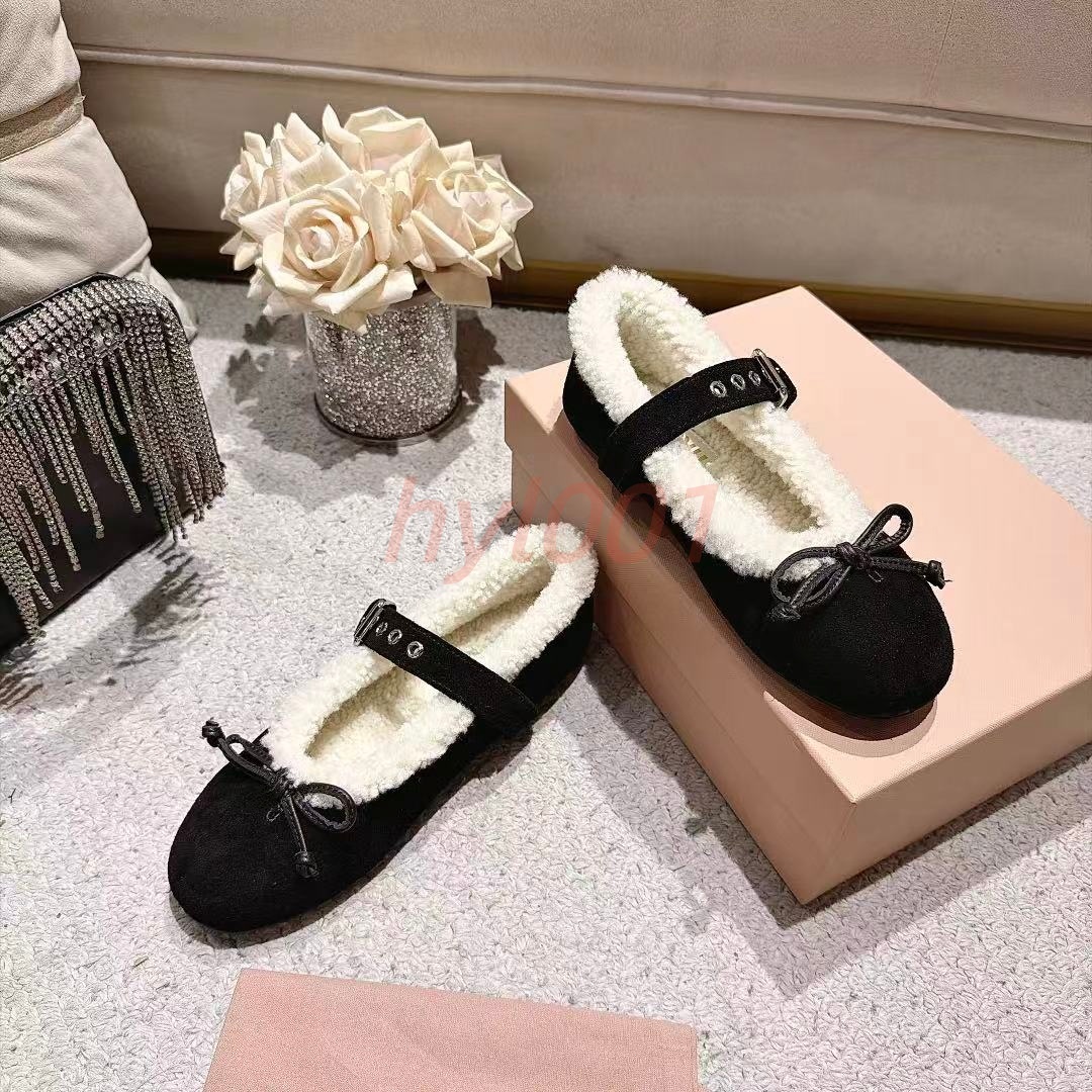 Classic Women Winter Ballet Flats Designer Suede Fur Warm Mary Janes Luxury Lady Casual Flat Shoes Bow Slip On Moccasins Outdoor Walking Size 35-40