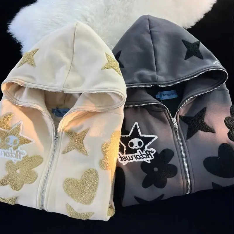 Retro Women Embroidery Hoodies Autumn Winter Zip Up Long Slve Jacket Coats Pocket Hooded Sweatshirts S26101265VG