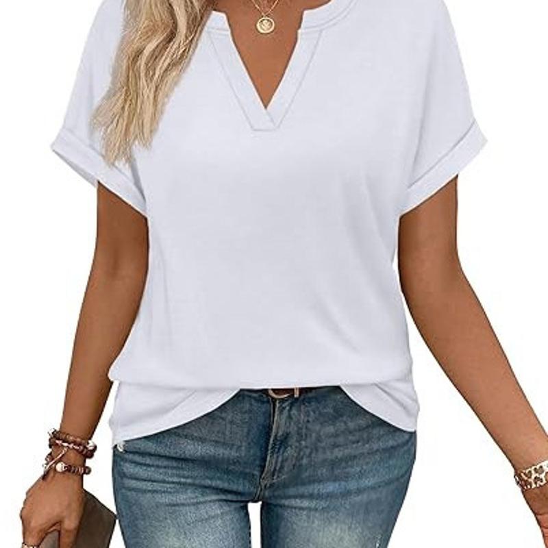 Designer Women V Neck Short Sleeve Solid Color Loose Casual T Shirt Retro Vintage Spring Summer Basic Tee Top S-XXL