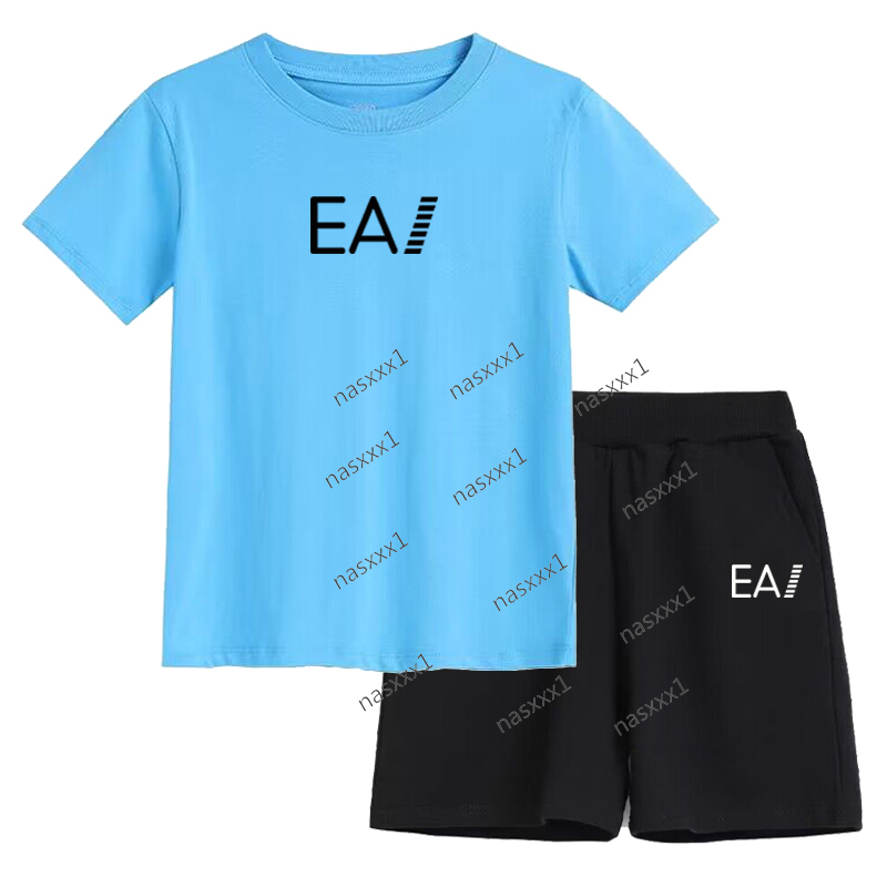 Kids Summer Sportswear 100% Cotton Blue T-shirt Coat Boys Girls Toddler Letter Print Short-sleeved Shorts Casual Cool Sports Set