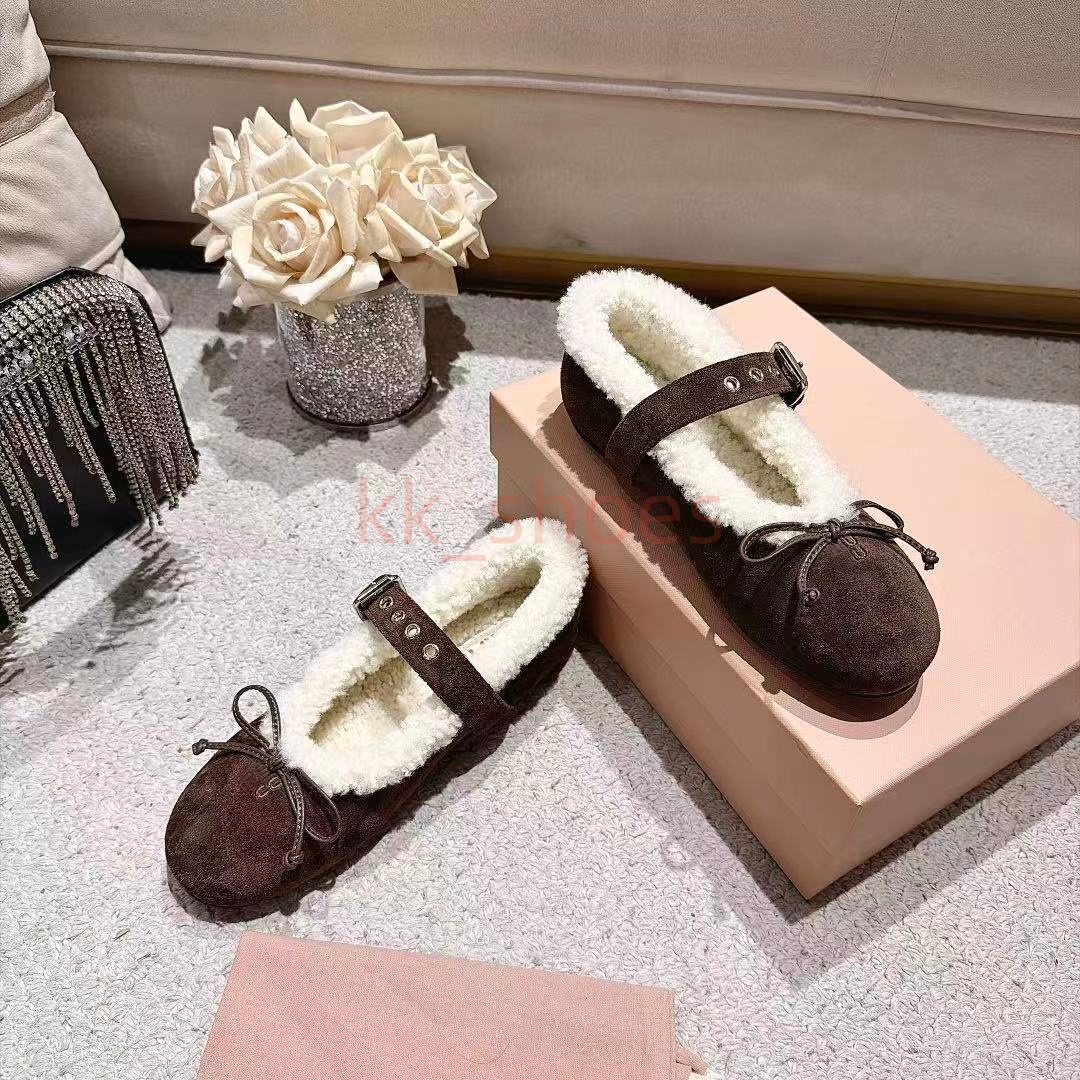 Luxury Designer Winter Women Suede Mary Janes Furry Warm Shoes Bowknot Ballet Flats Lady Casual Soft Walking Loafers Belt Buckle Eyelets Size 35-40
