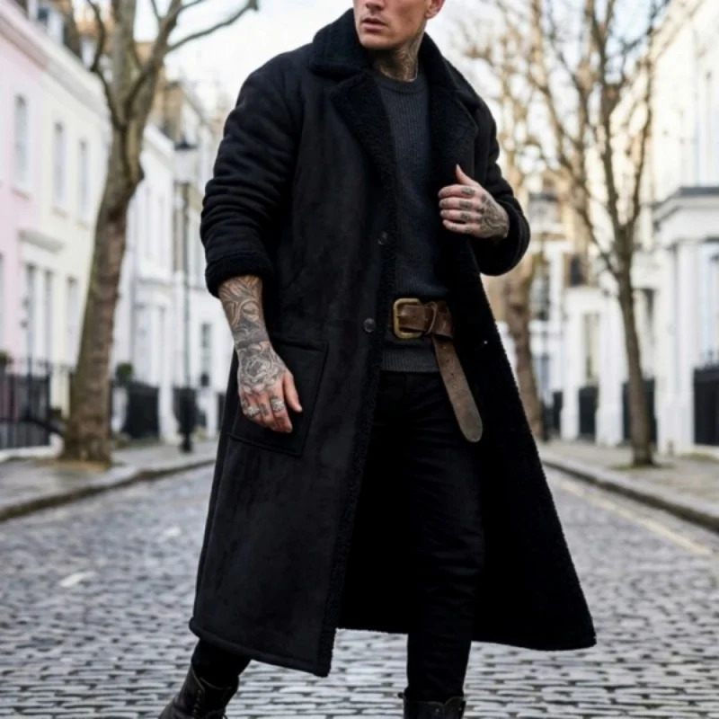 Men's Faux Suede Sherpa Long Coat Winter Street Fashion Windproof Overcoat PlusSize Warm Menswear Fleece Lined 260922
