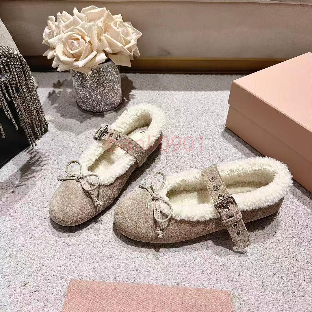 Designer Winter Women Suede Mary Janes Luxury Designer Furry Warm Shoes Bowknot Ballet Flats Lady Casual Soft Walking Loafers Belt Buckle Size 35-40