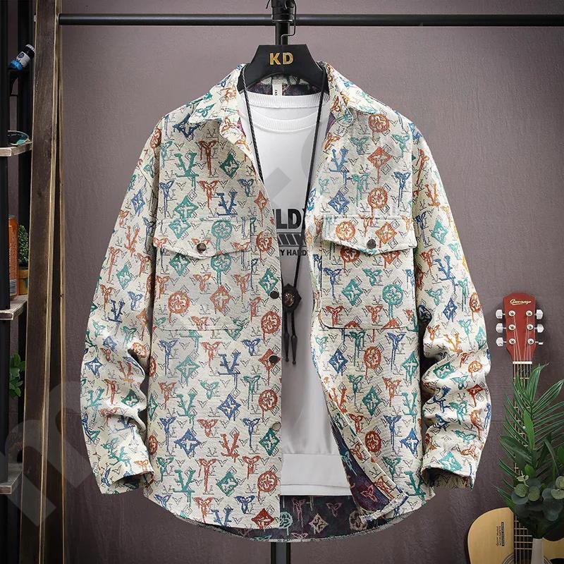 Men Vintage Print Shirt Jacket Spring Autumn Casual Loose Fit Long Sleeve Shacket Lapel Button Down Outerwear Men Chest Pockets Fashion Streetwear