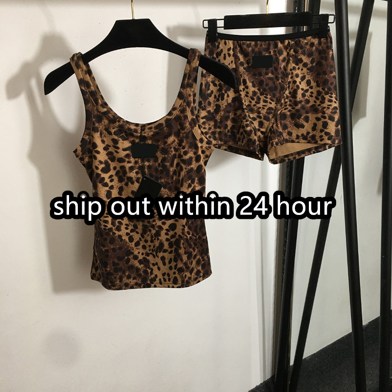 Women Leopard Print 2 Piece Outfits Sleeveless Sexy U Neck Tank Top High Waist Shorts Set Casual Summer Tight Gym Matching Tracksuit
