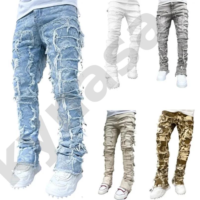 Men Stacked Flared Jeans Heavy Distressed Frayed Raw Edge Patchwork Denim Pants All Over Pattern Slim Fit Bootcut Streetwear Hip Hop Fashion Trouser