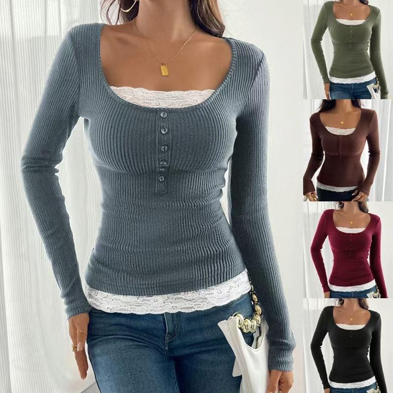 Haut en tricot pour femmes, col carré, dentelle épissage, simple boutonnage, coupe cintrée, manches longues, chemisier décontracté et élégant