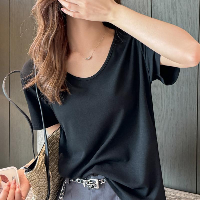 Loose V-Neck Short Sleeve T-Shirt For Women Summer Plus Size Solid Color Modal Casual Basic Tee Tops
