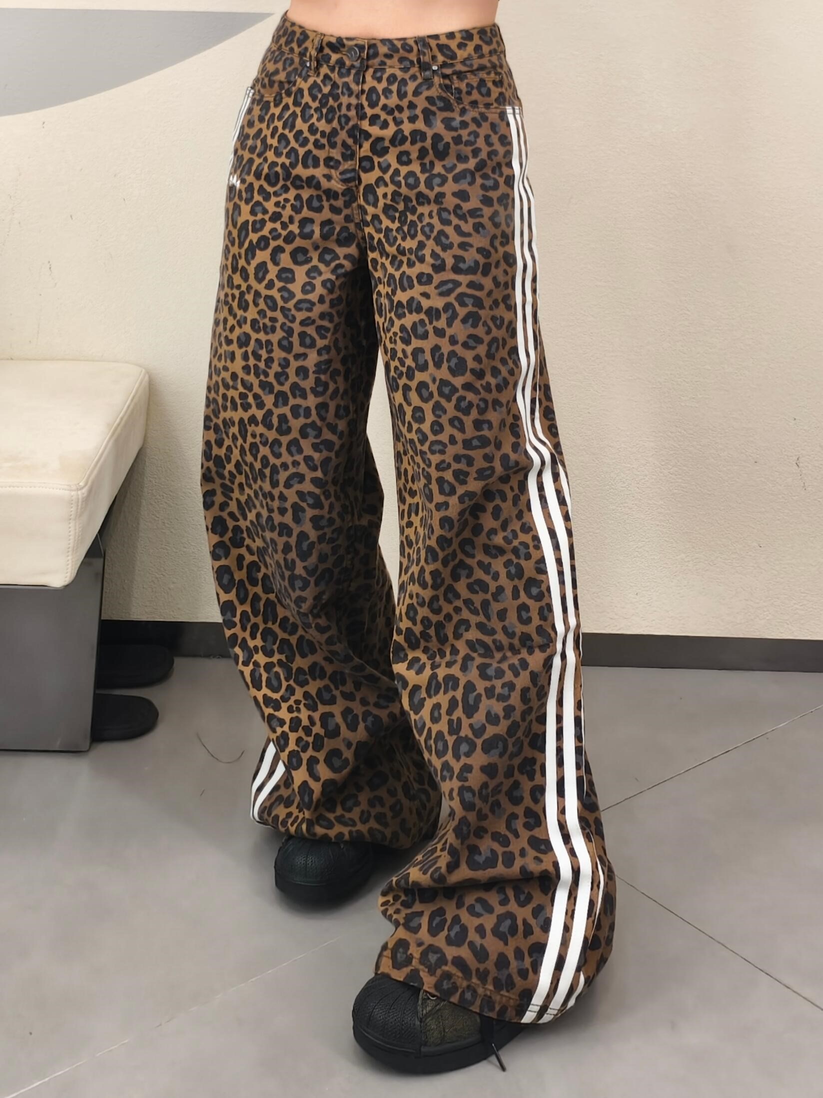 American fashion trend clover leopard print retro striped jeans versatile straight leg pants loose casual wide leg pants for women