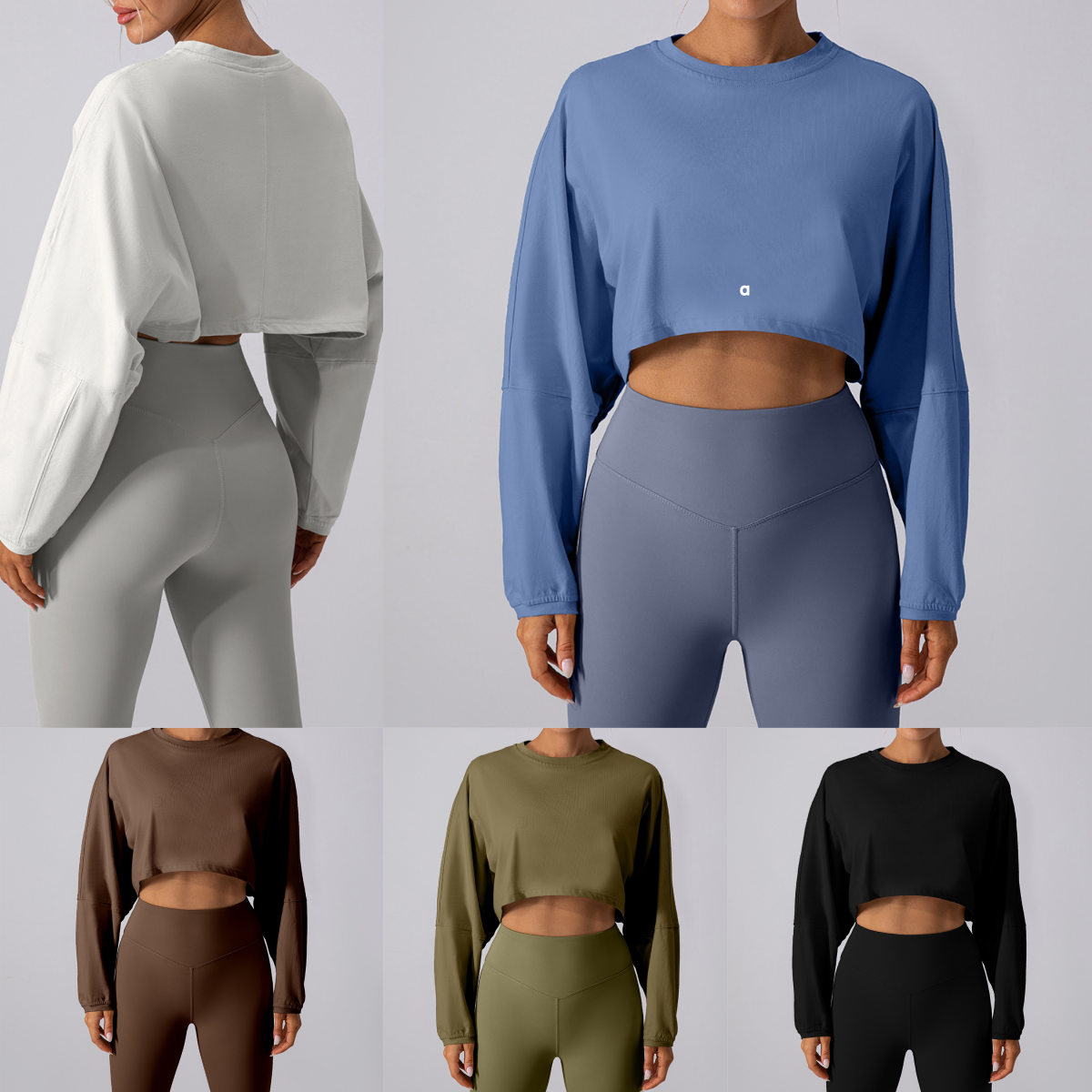 A3103 Women's Round-Neck Loose-Fit Long-Sleeve Top Sweatshirt T-Shirt Cropped Sports Top Yoga and Running Top