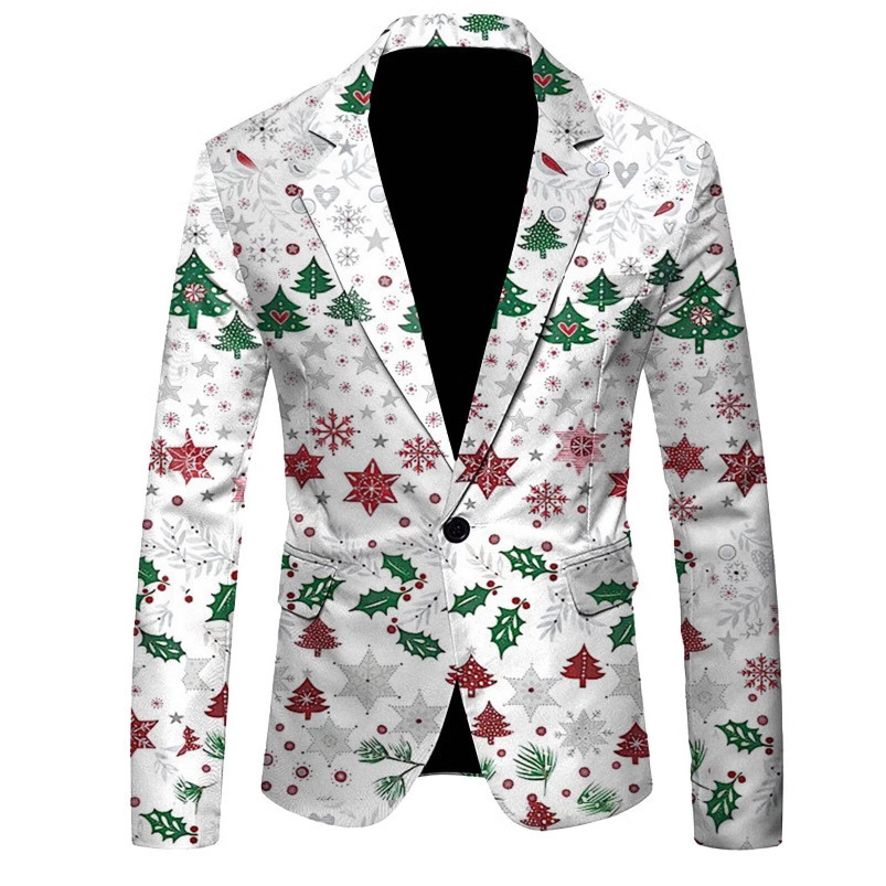 2026 Christmas Mens Tuxedo Suit 3D Santa Print V Neck Slim Fit Waist One Button Suit Jacket With Pocket Year Costume 251204
