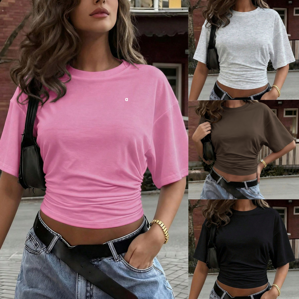A3094 T-Shirt à manches courtes pour femmes, couleur unie, col rond, manches chauve-souris, ajusté