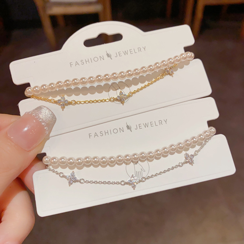 Summer New Style Gentle Versatile Diamond-embellished Four-leaf Clover Double-layer Pearl Bracelet Fashionable Jewelry
