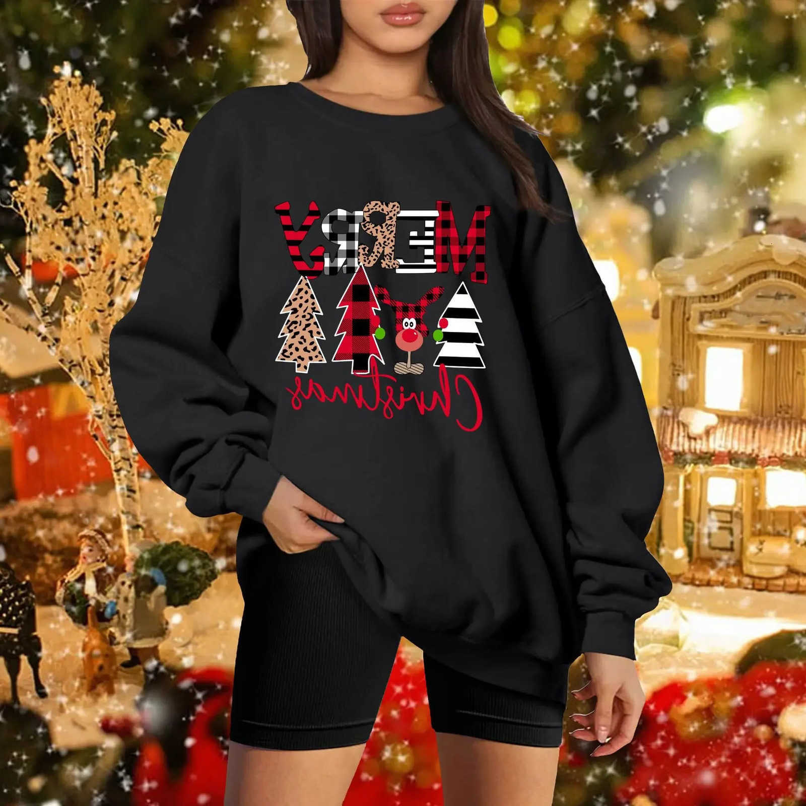 Christmas Merry womens wool lined round neck sweater with thick Christmas tr staff collar hoodie S2610128P5I