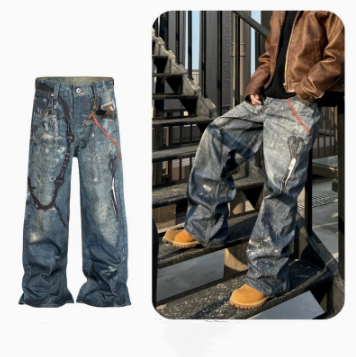 Designer Graphique Surdimensionné Streetwear American Street Vintage Ciseaux 3D Impression Numérique Lavé Jambe Droite Denim Pantalon Unisexe Lâc