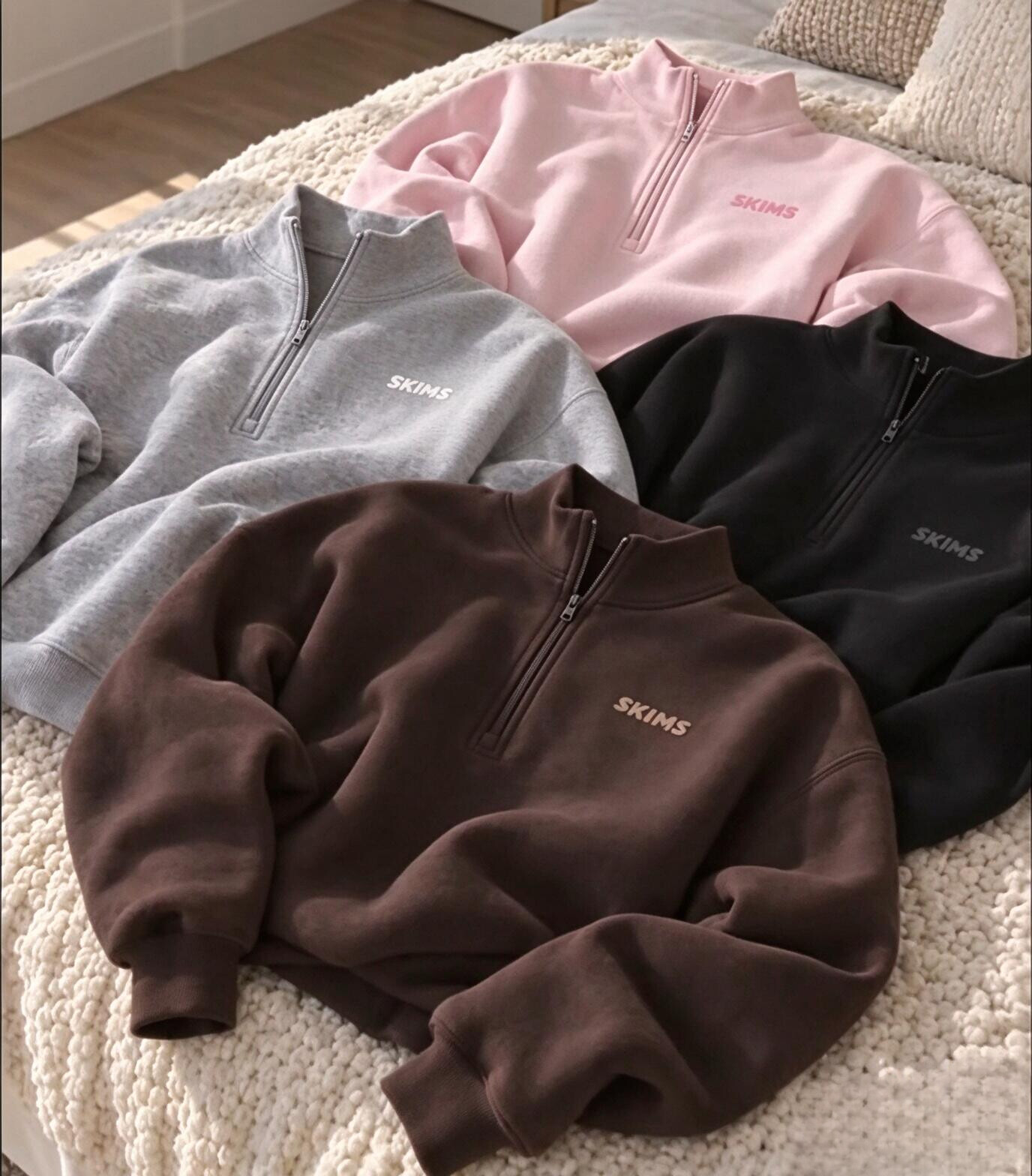 Skims zip up Hoodie mock neck sweater Sweater Knit Jacket Sweatpants pullover T shirt skimsset women COTTON FLEECE quarter zip embossed logo jogger