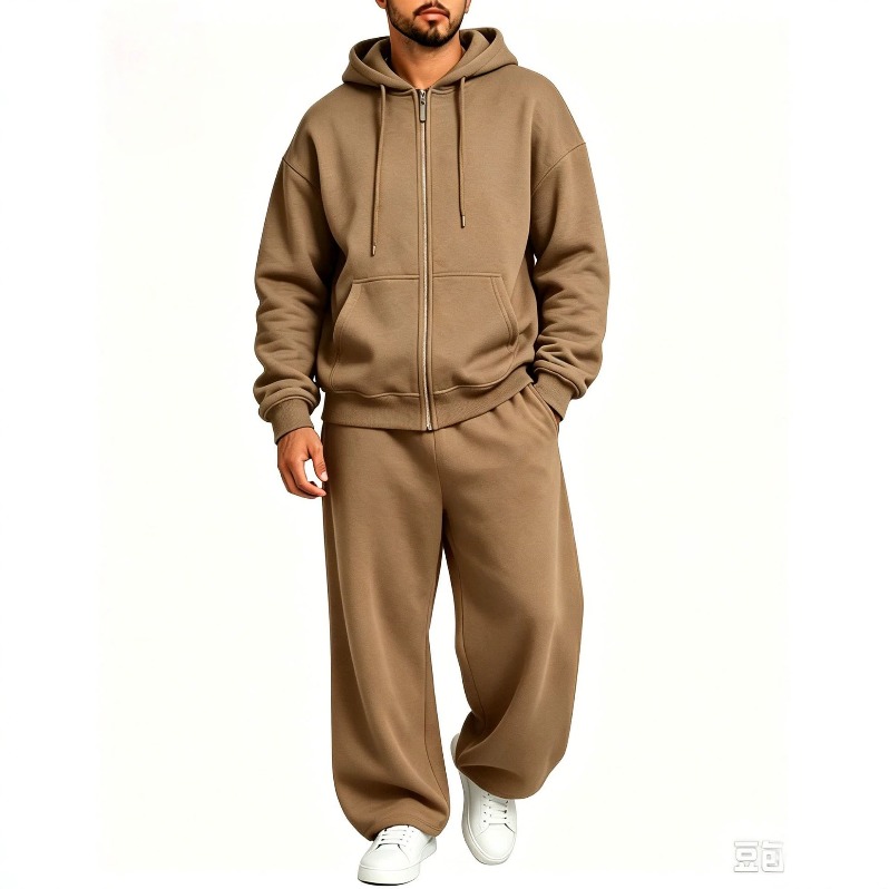 Ensemble de survêtement à capuche zippé en tissu éponge pour hommes, ensemble 2 pièces, sweat-shirt ample à fermeture éclair complète, pantalon d
