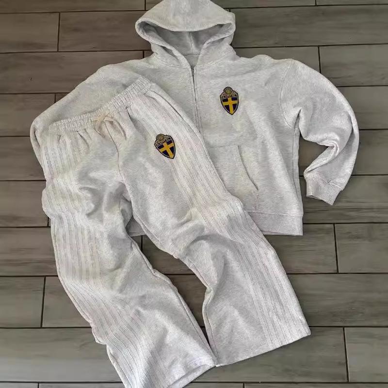 Designer Unisexe Streetwear Surdimensionné Hommes Américain Casual Lâche Gris Sweat À Capuche Ensemble Zip Up Sweat À Capuche Pantalon De Survête