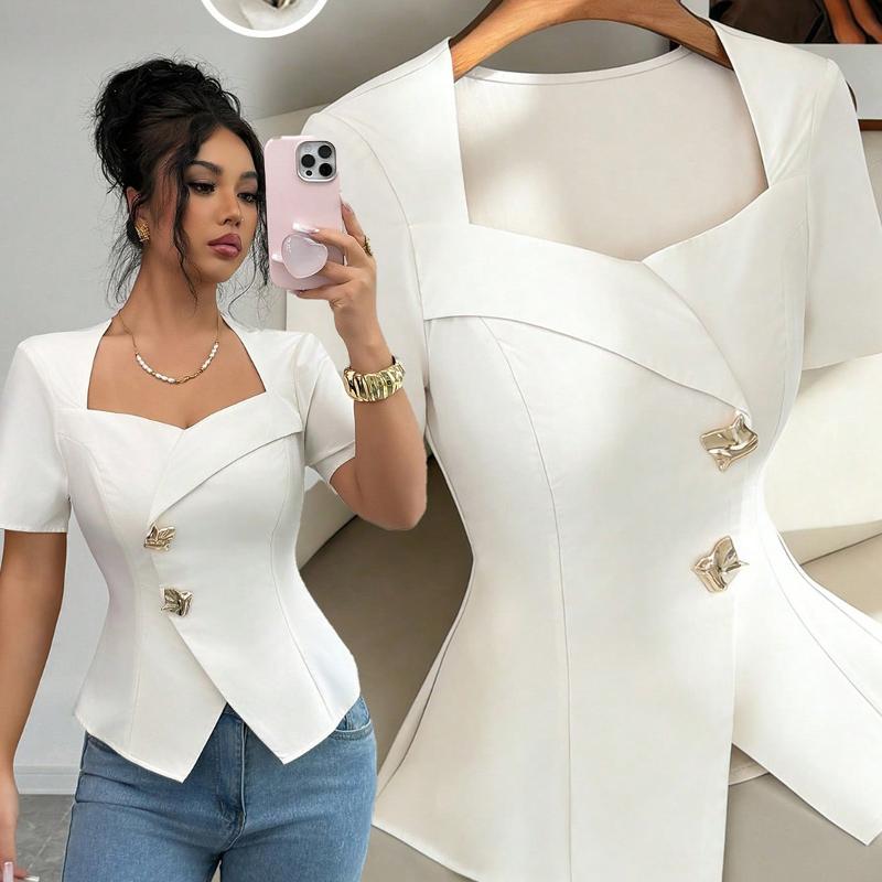 Designer Women French Chic V Neck Short Sleeve Blouse Cinched Waist Elegant Office Lady Commuter Top Summer Apricot Tops