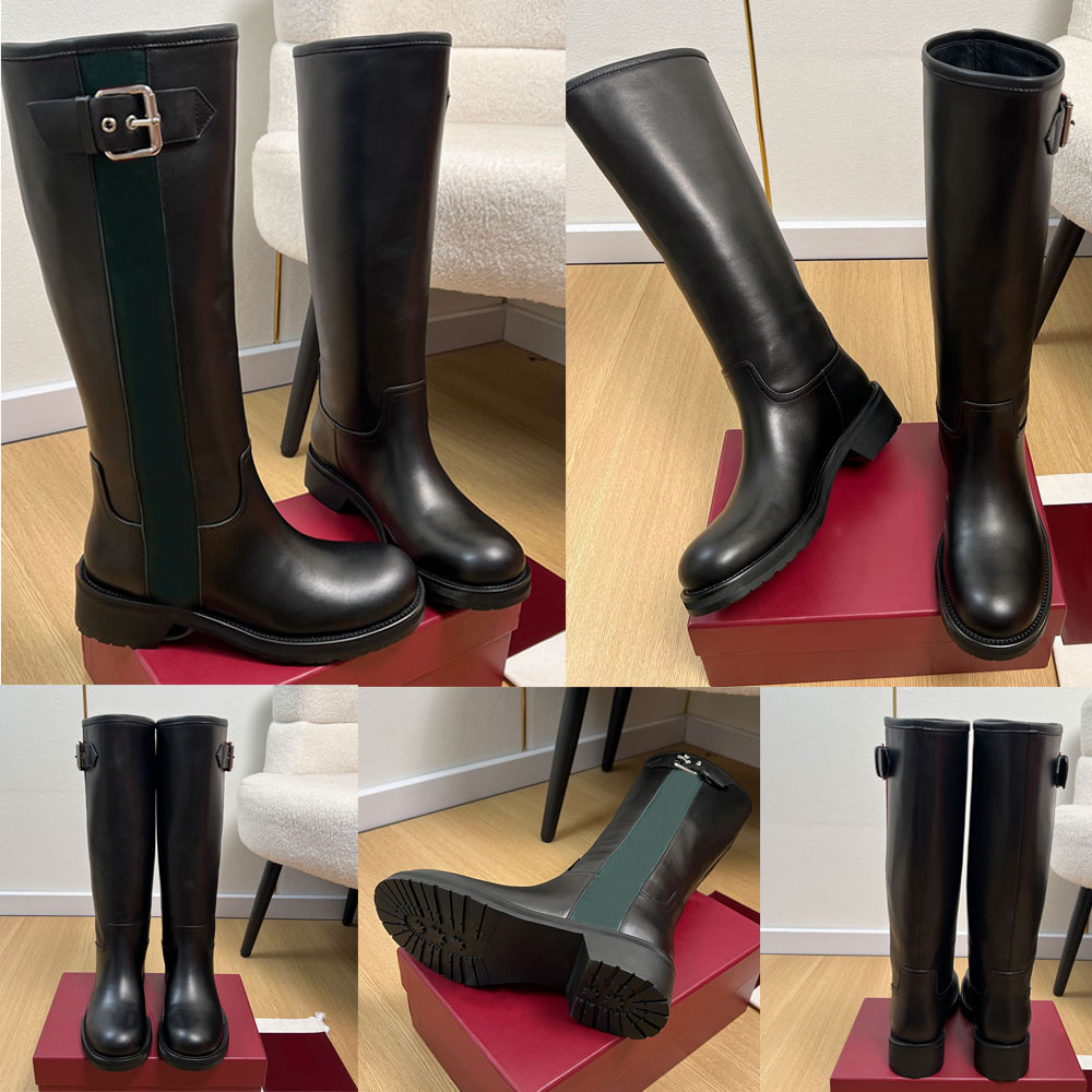 Womens Biker Boot With Web Luxury Designer Boots A00344 Womens Knee High Boots Classic Fashion Brand Autumn Winter Boots Height 4.5cm Anti Slip Rubb