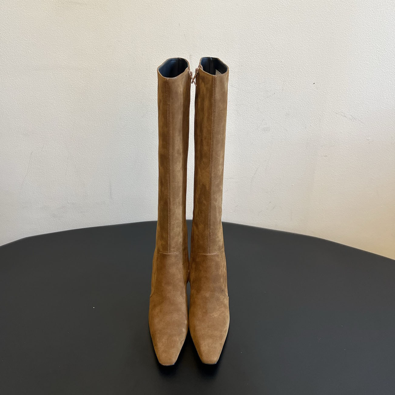 Women Pointed Toe Stiletto Knee High Boots, Black Suede Tall Heel Boots, Side Zipper, Sheepskin Lining, Italian Leather Sole, Elegant Footwear for P
