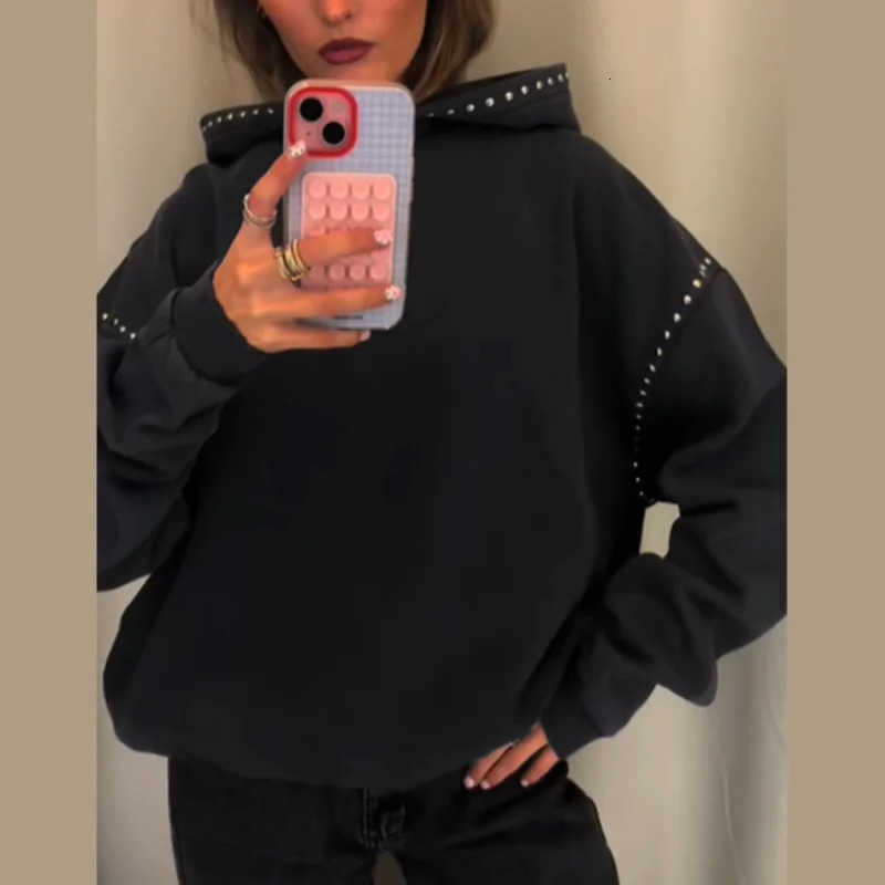 Black Womens Sweatshirt jacket Cool Long Slve Beaded Hoodie Trend Coat 2025 Autumn Lady Outwear S2610124DXV