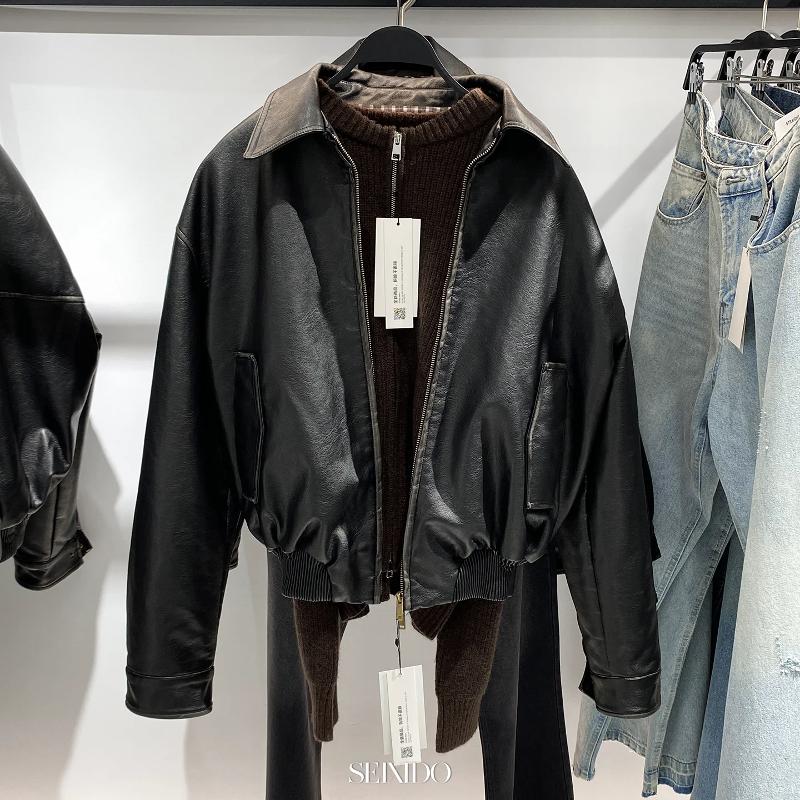 Designer Jacket Men Vintage PU Faux Leather Jacket Lapel Collar Short Zip Thick Coat Retro Distressed Outerwear