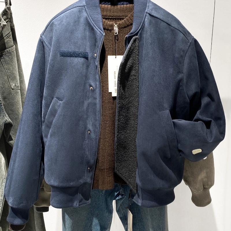 Designer Men's Autumn Winter Spring Suede Texture Baseball Collar Jacket Thick Fleece Lined Casual Loose Fit Zip Up Warm Outerwear