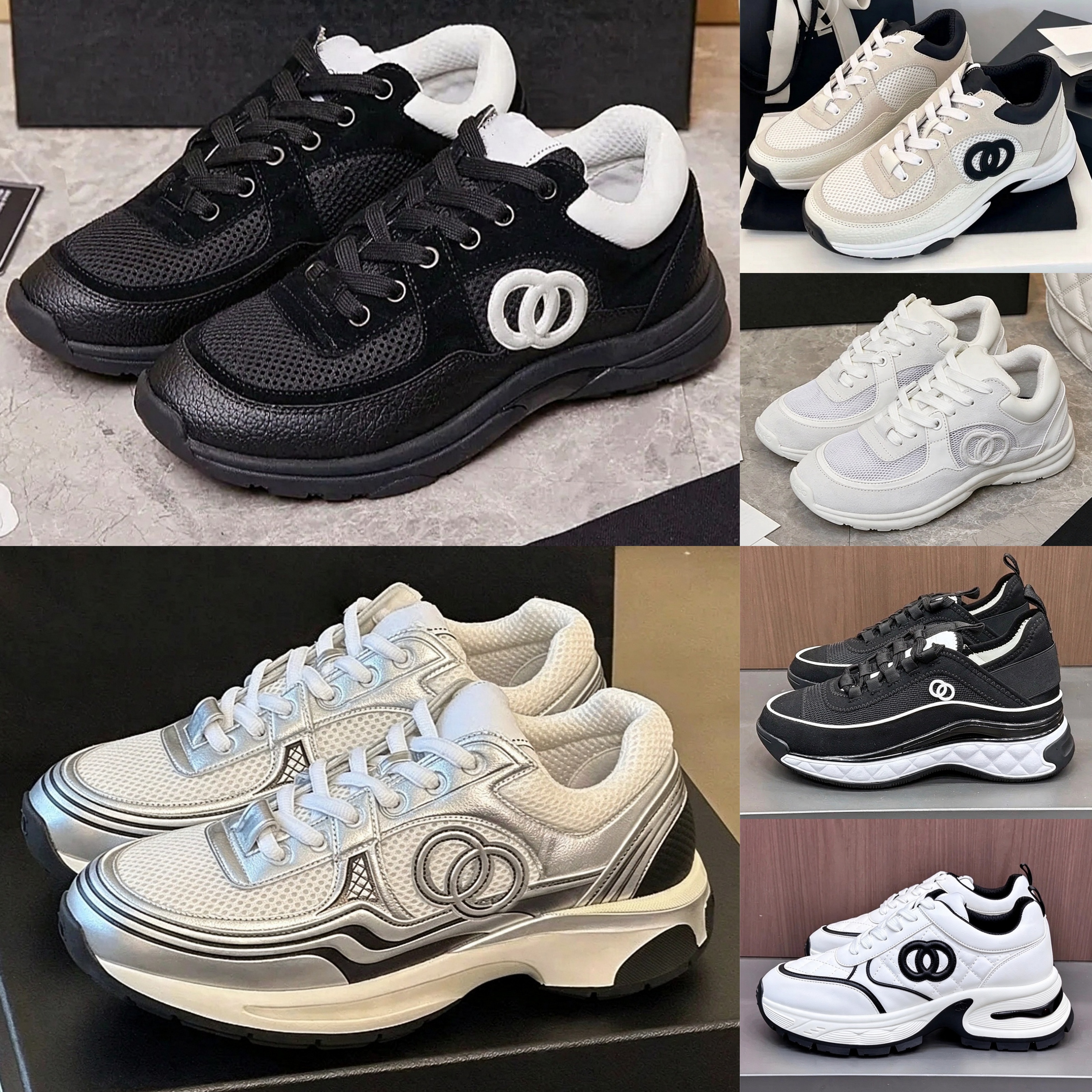 With Box Designer Shoes 23c Womens Sneakers Casual Pandashoes Golden Silver Horn King Black White Metal Mesh Leather Platform Luxury Schuhe Famous C