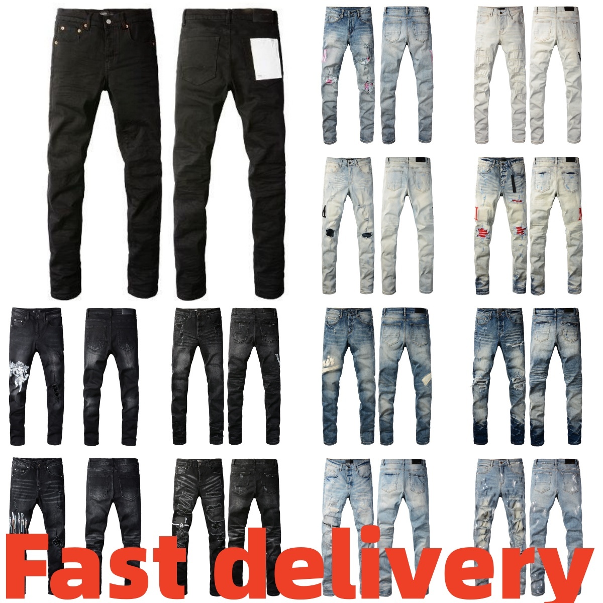 Jean homme slim en coton imprimé noir style hip-hop pantalon streetwear taille ajustée