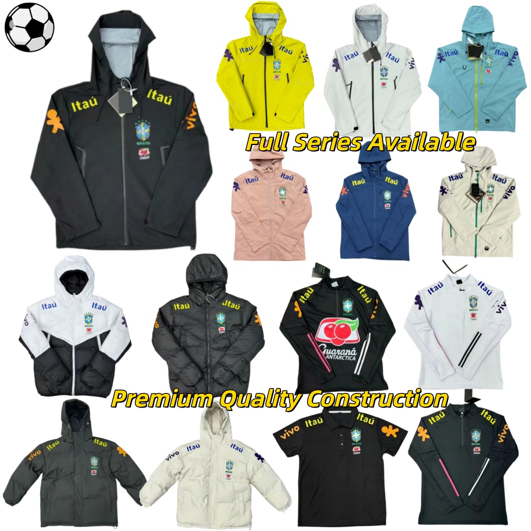Veste Bresil Jacket Mens Soccer Training Hooded Windbreaker Jacket Brazil Team Full Zip Waterproof Coat Lightweight Outdoor Sports Fan Jacket For