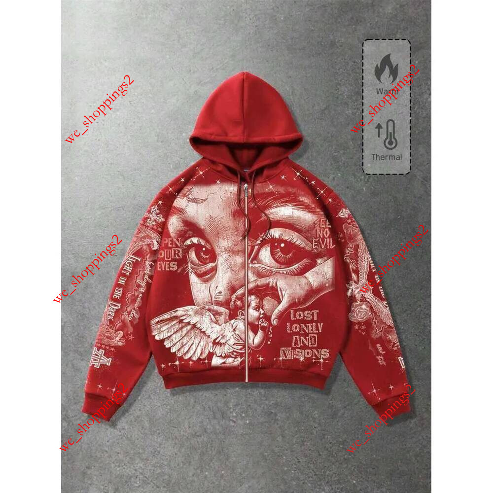 ROMWE MEN Life Spring Graphic Red Men's Casual Fashion Street Angel Print Zip Up Drawstring Hooded Fleece Sweatshirt Warm For Autumn/Winter Y2k