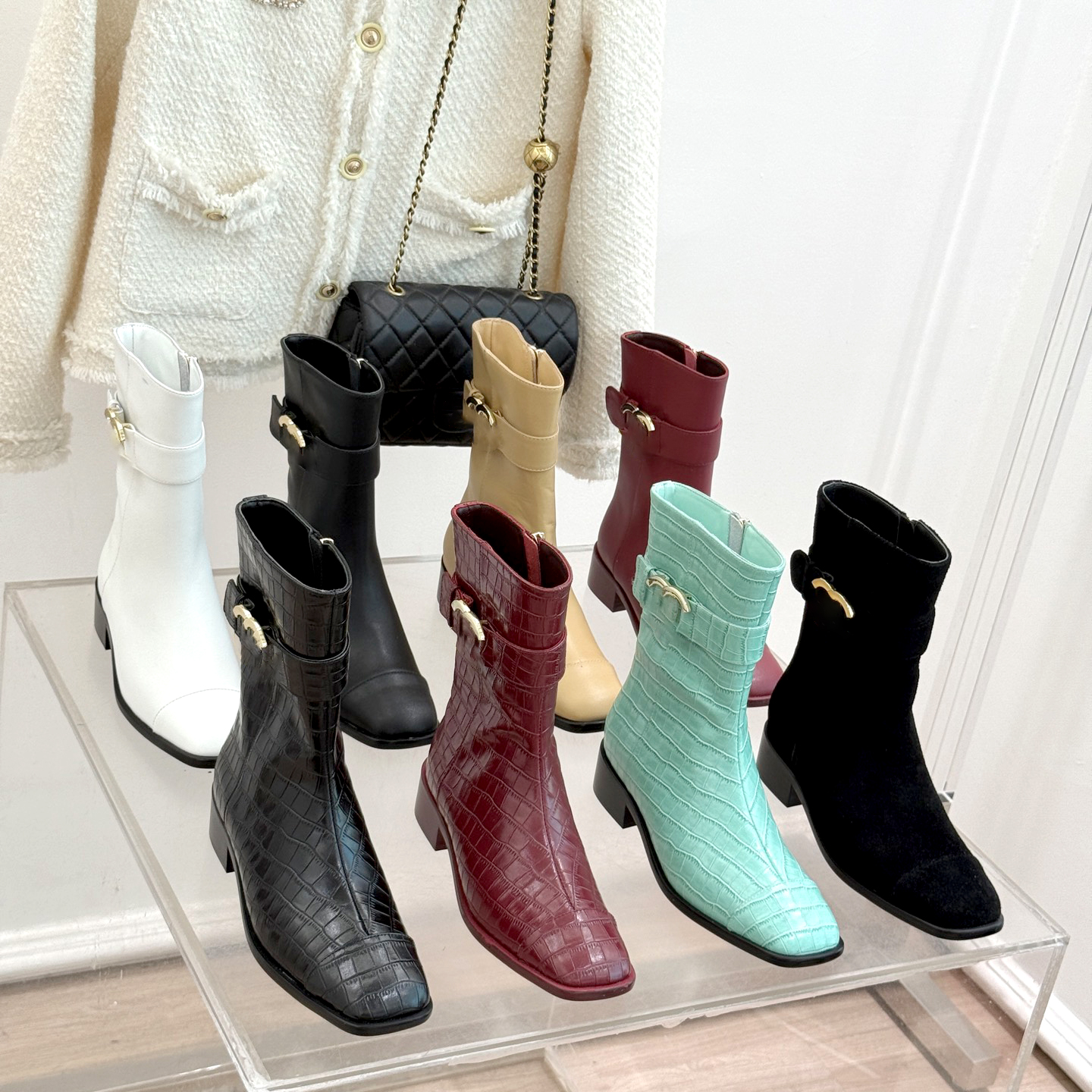 2026 New Women Mid Calf Boots Metal Buckle luxury Designer Chunky Heel dress shoe Side Zipper Genuine Leather Ankle Boot Croc Embossed Winter Ladies