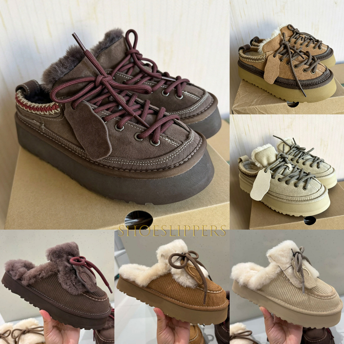 Designer Women Cookie Mule Platform Slippers Lace Up Shearling Lined Suede Slip On Back Strap Winter Warm Thick Sole Mules Casual Shoes 3 Colors Che