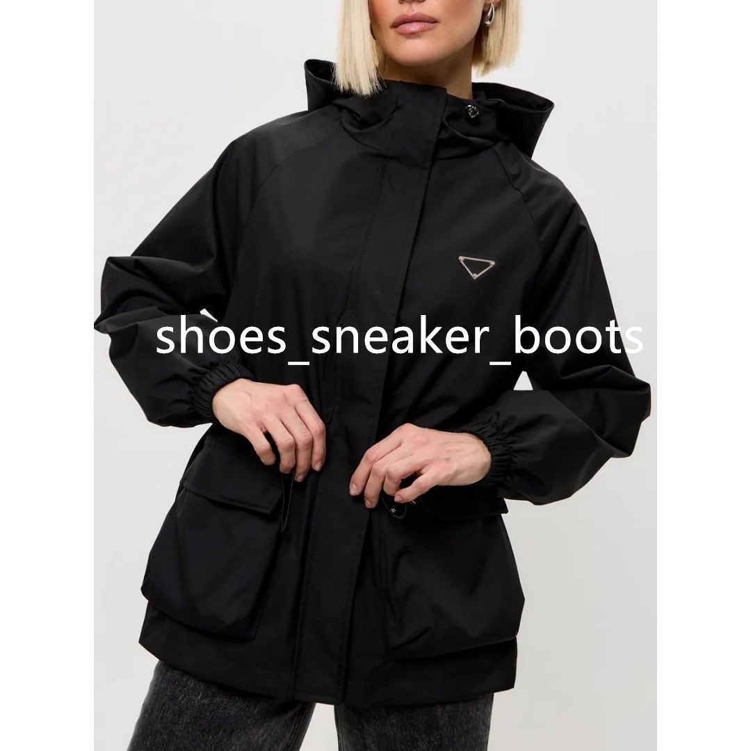 Women's Jacket Windbreaker Jacket Chest Logo Drawstring Waist Designer Water Nylon Blend Parka Black Casual Outdoor Coat Adjustable Hood Fall W