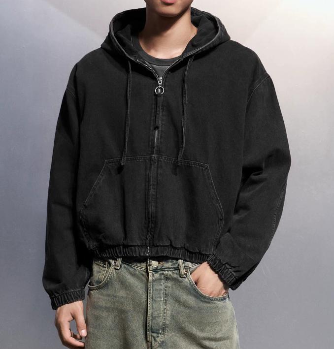 Men's Hooded Washed Denim Jacket Loose Fit Cotton Zip Up Short Coat Drop Shoulder Spring Autumn Winter Casual Outerwear