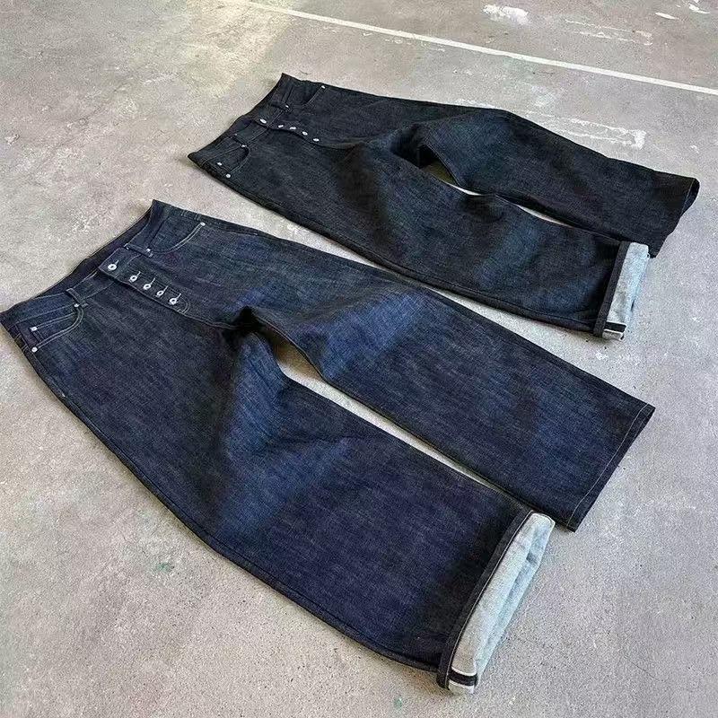 Designer unisex oversize da uomo jeans larghi in denim grezzo da 14 once larghi dritti gamba larga a-line a vita media con bottoni pantaloni in deni