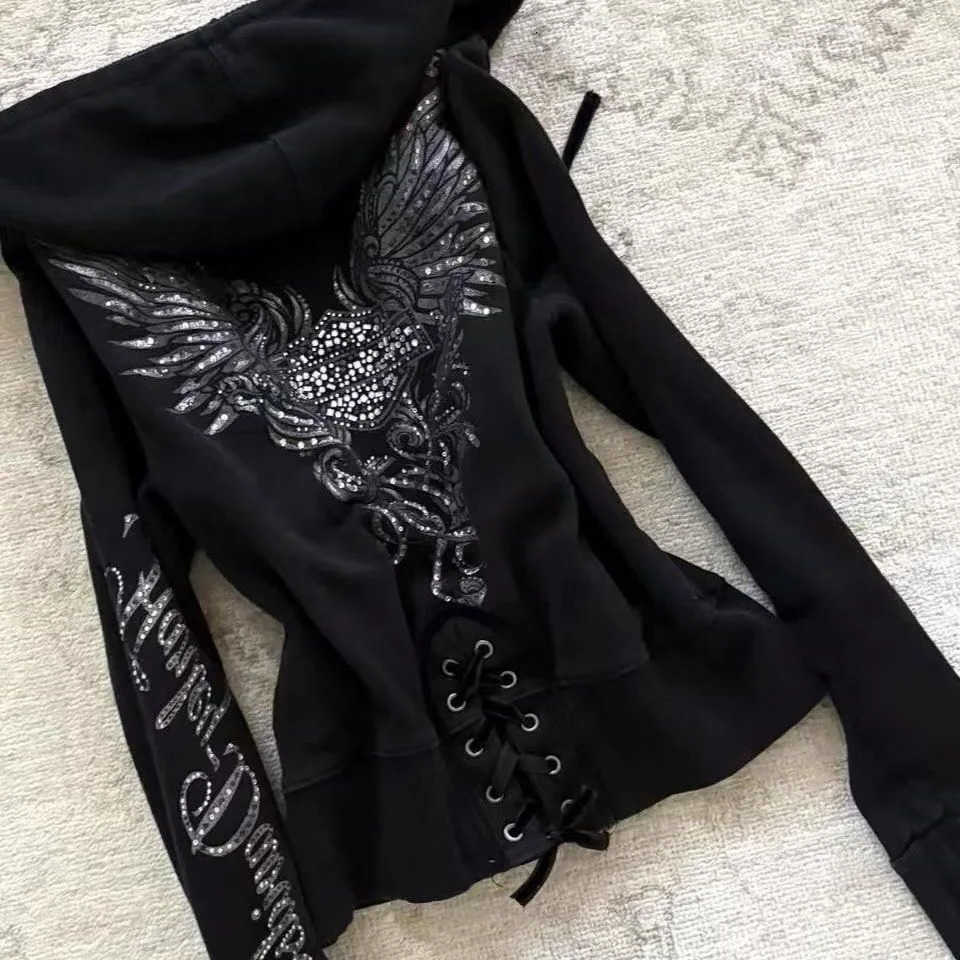 n Drawstring Black Sweatshirt Womens Jacket Coat Letter Graphic Sexy Slim Hoodie Autumn S261012CY3I