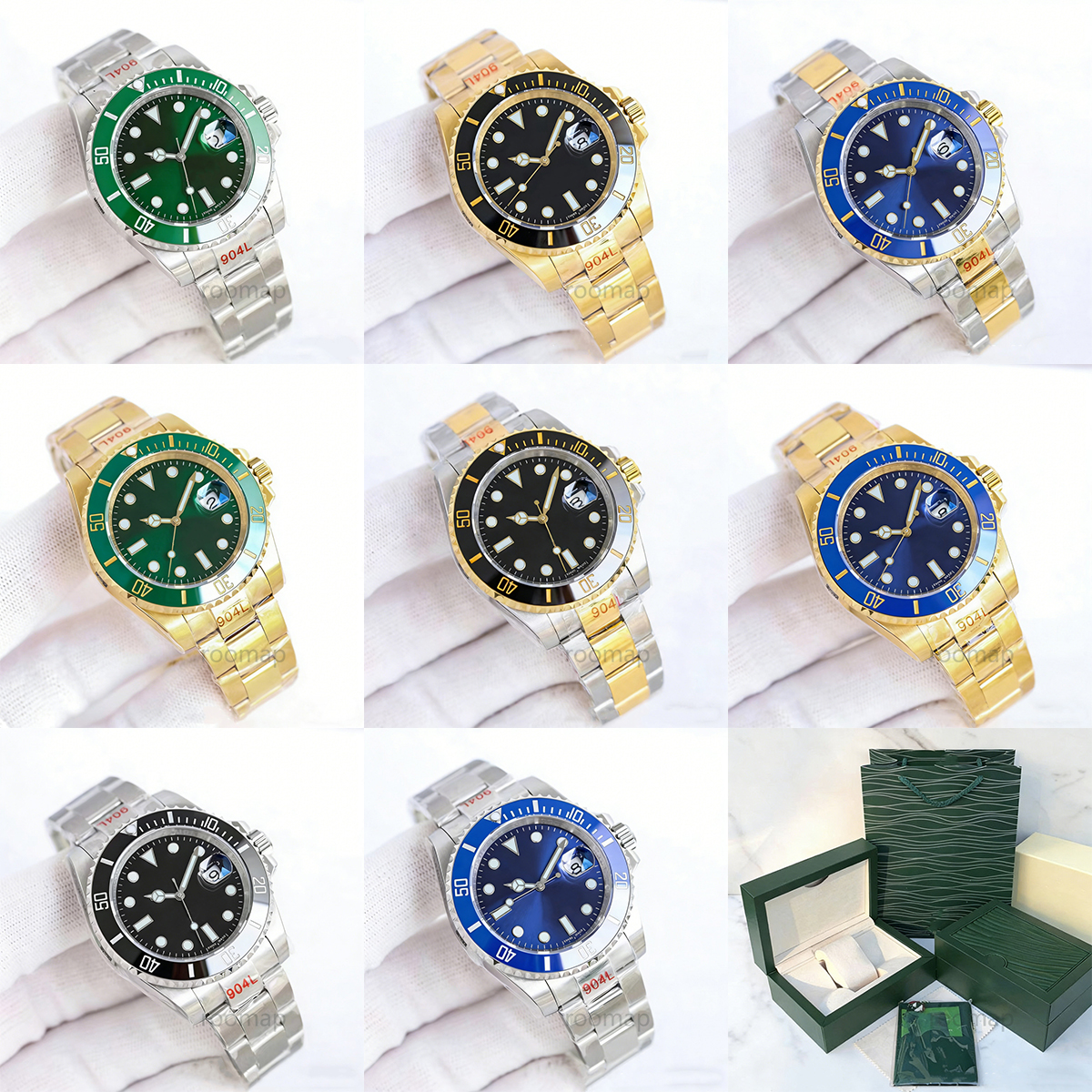 Mens Automatic Mechanical Watch - 41mm Sapphire Glass Waterproof Stainless Steel Green Black Gold Ceramic Luminous Luxury Swim Watch Folding wooden