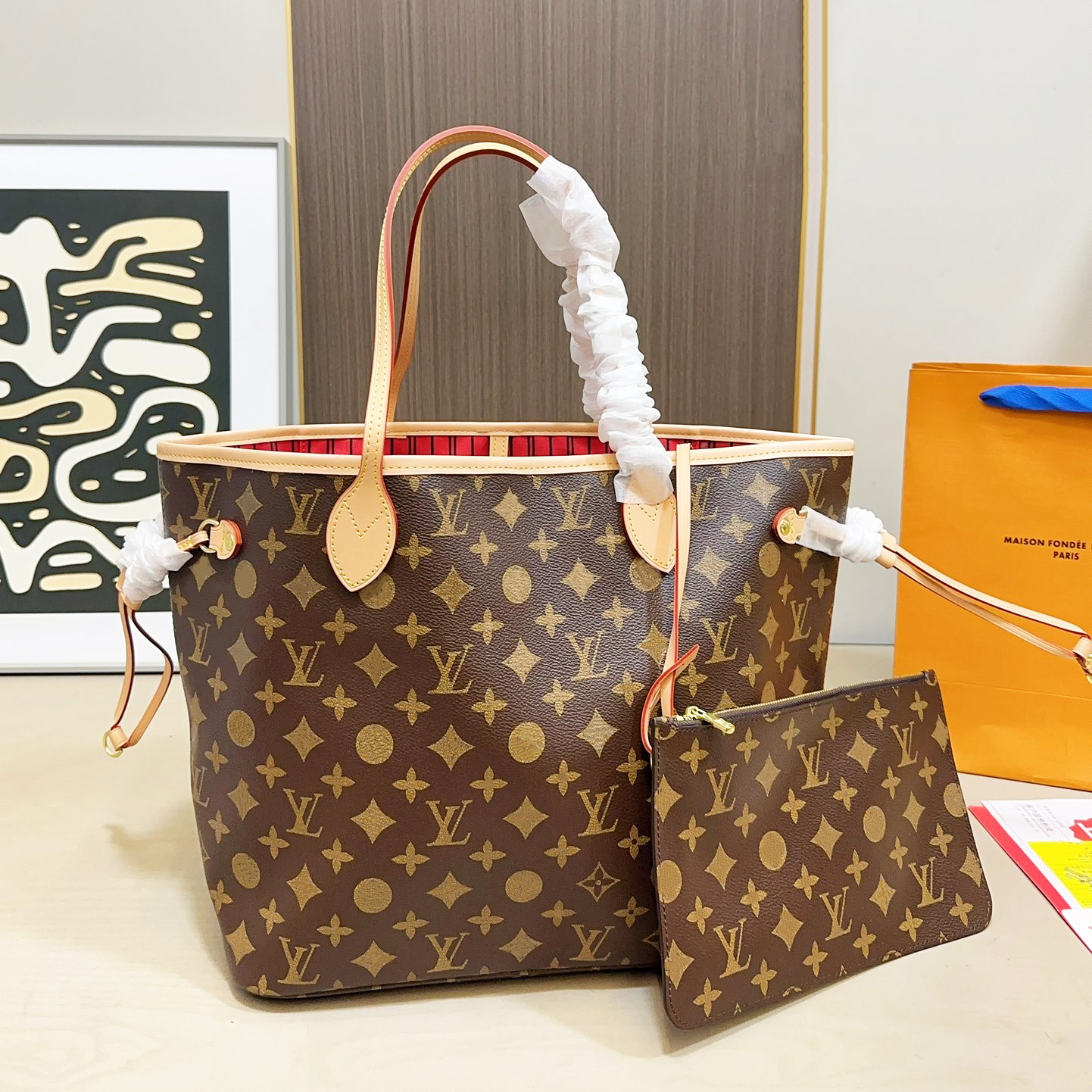Sac fourre-tout pour femme Motif monogramme classique Ensemble de pochettes 2 en 1 Poignée supérieure Sac à bandoulière Toile enduite de PVC avec