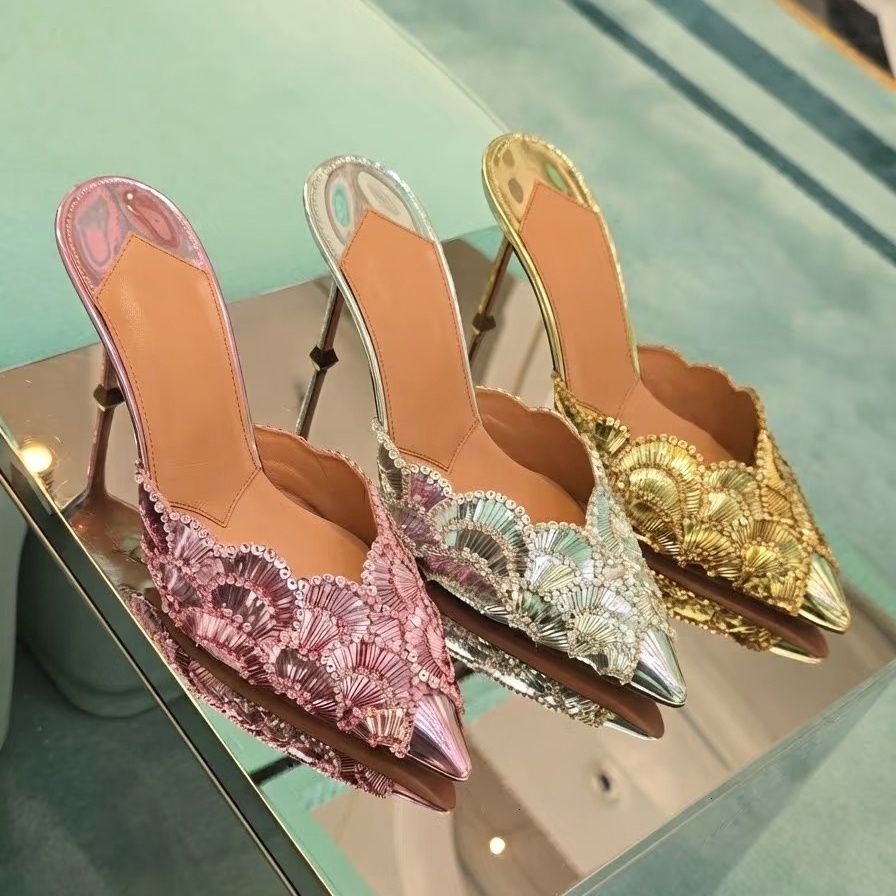 luxury Designer High Heels slipper New Wedding Summer Vacation classic Women Shiny Sequin sandal Sexy Fashion Pumps kitten heel Party slip ons Dress
