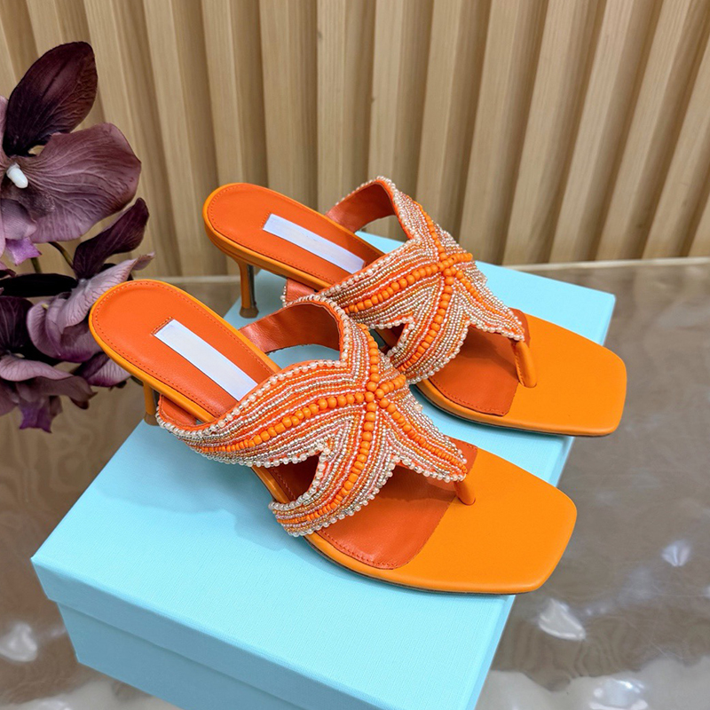Handmade bead starfish toe clip women's outdoor slippers summer vacation style high-heeled sandals square toe open toe flat bottom outfit trave