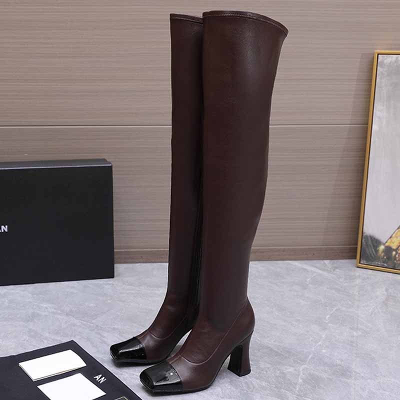 Botas altas hasta el muslo con cabeza cuadrada y bloques de color, antideslizantes, estables, tacón grueso, moda, atuendo formal, botas con cremalle