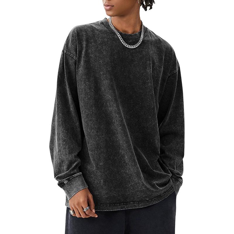 Designer Men's Washed Long Sleeve T-Shirt Oversize Loose Fit Crew Neck Drop Shoulder 100% Cotton Solid Streetwear Vintage Tee