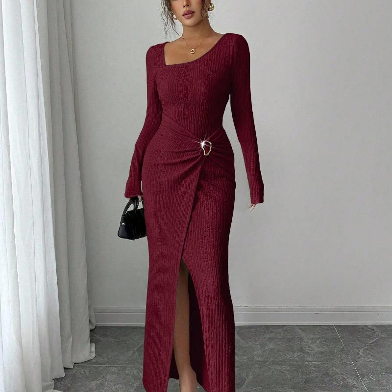 Robe Maxi à manches longues et col asymétrique pour femmes, tissu texturé froncé à la taille, détail de boucle, fendue sur le devant, moulante, r