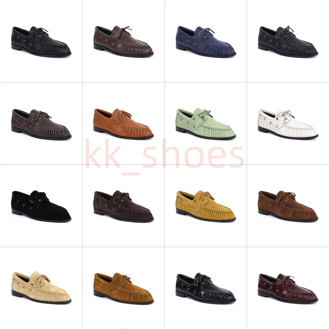 Vintage Leather Boat Shoes Men Women Luxury Designer Alligator Embossed Patent Loafers Ruched Moccasins Lace Up Casual Flats Driving Walking Sneaker