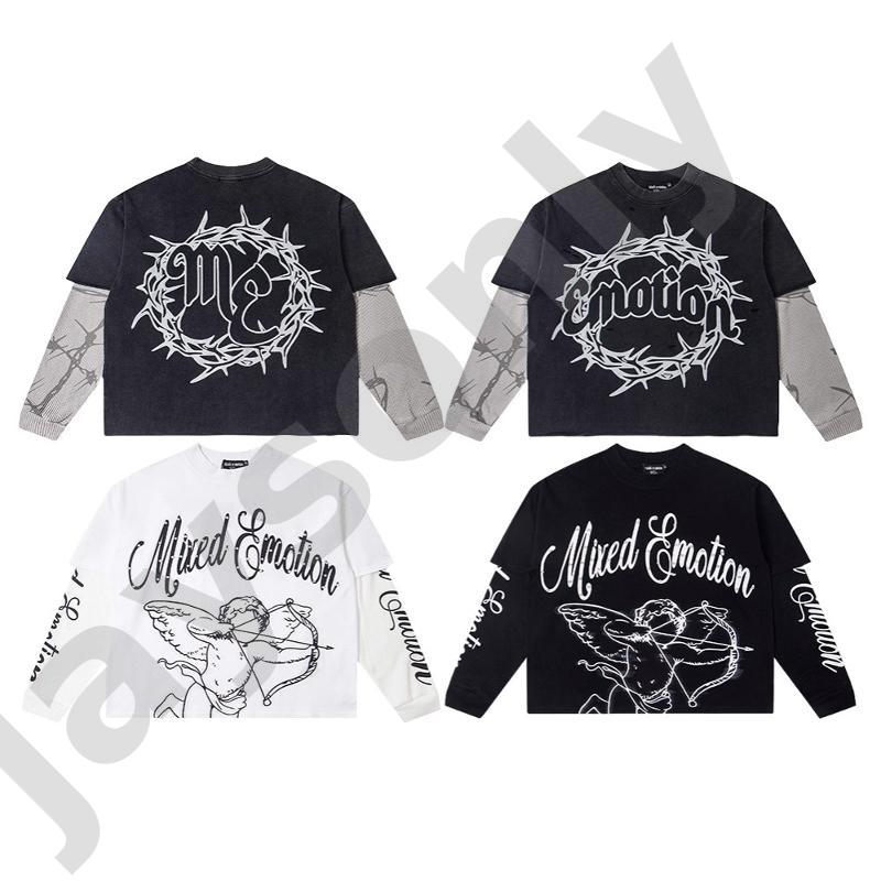 MIXEDEMOTION T-shirt à manches longues pour homme, streetwear hip hop, en coton avec lettres imprimées, coupe ample, pull décontracté pour jeunes