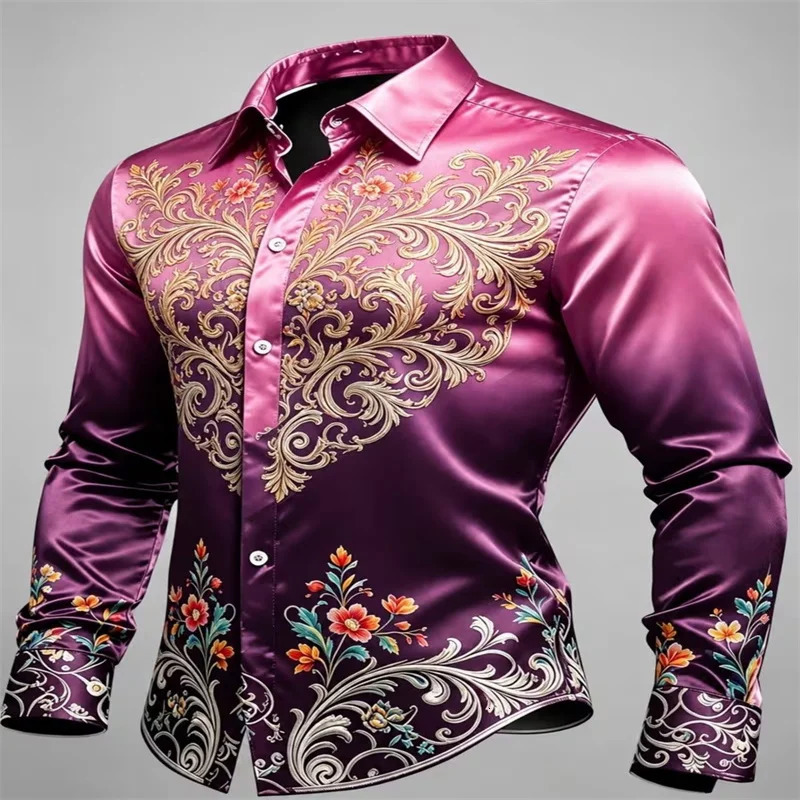 Fashion Men Glossy Silk Satin Shirt Vintage Baroque Flower Pattern Print Long Sleeve Button Up Shirt Banquet Nightclub Male Tops 261010