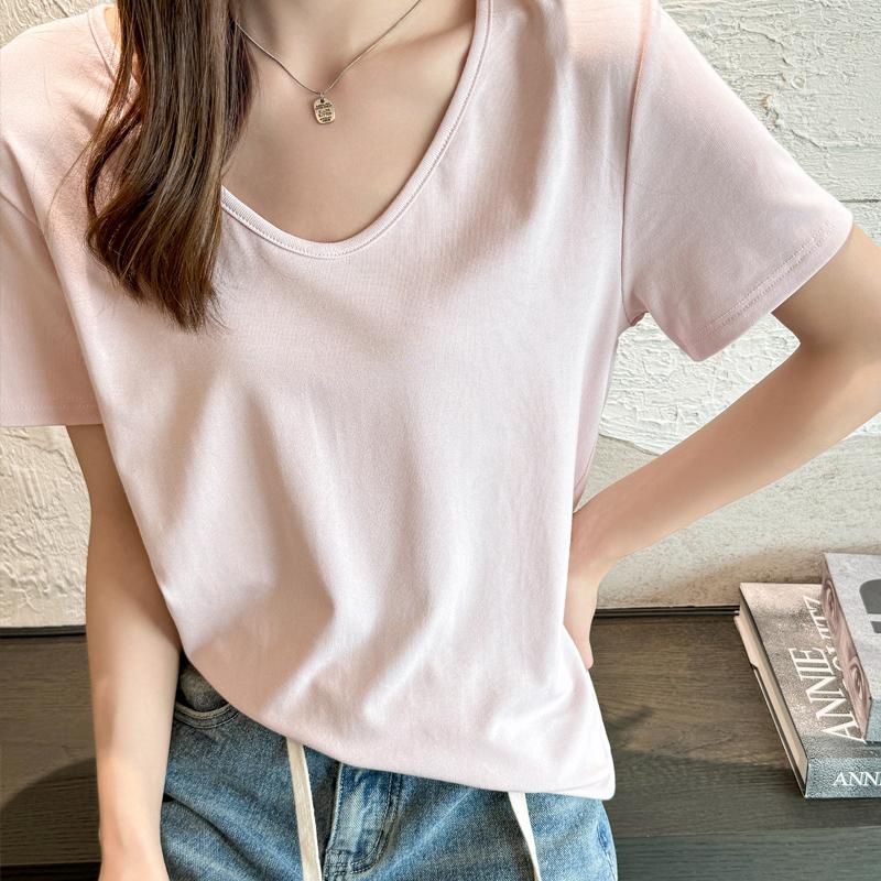 New Loose V-Neck Short Sleeve T-Shirt Summer Plus Size Solid Color Modal Casual Basic Tee Tops For Women